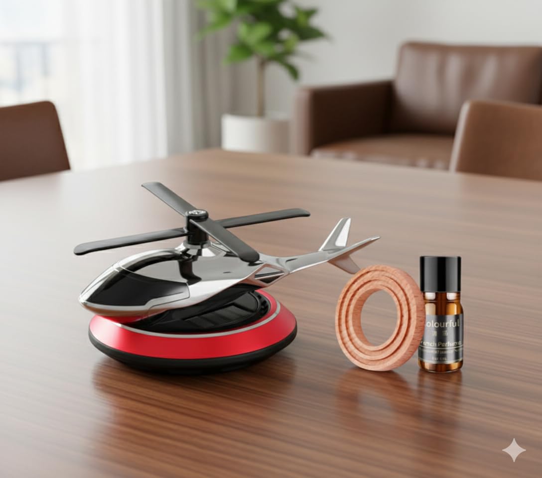 Solar Helicopter Car Dashboard Decoration Items Accessories | Interior Accessory | No Batteries Needed | Rotating Perfume Air Freshener & Automatic Diffuser Gadgets (Red)
