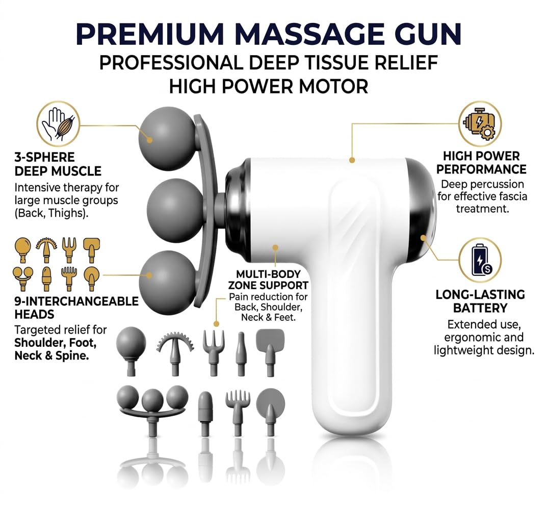 Massage Gun for Pain Relief & Muscle Recovery, Deep Tissue Percussion Massager with 6 Heads, Long Battery Life, Quiet Portable Handheld Body Massager for Gym & Home Use