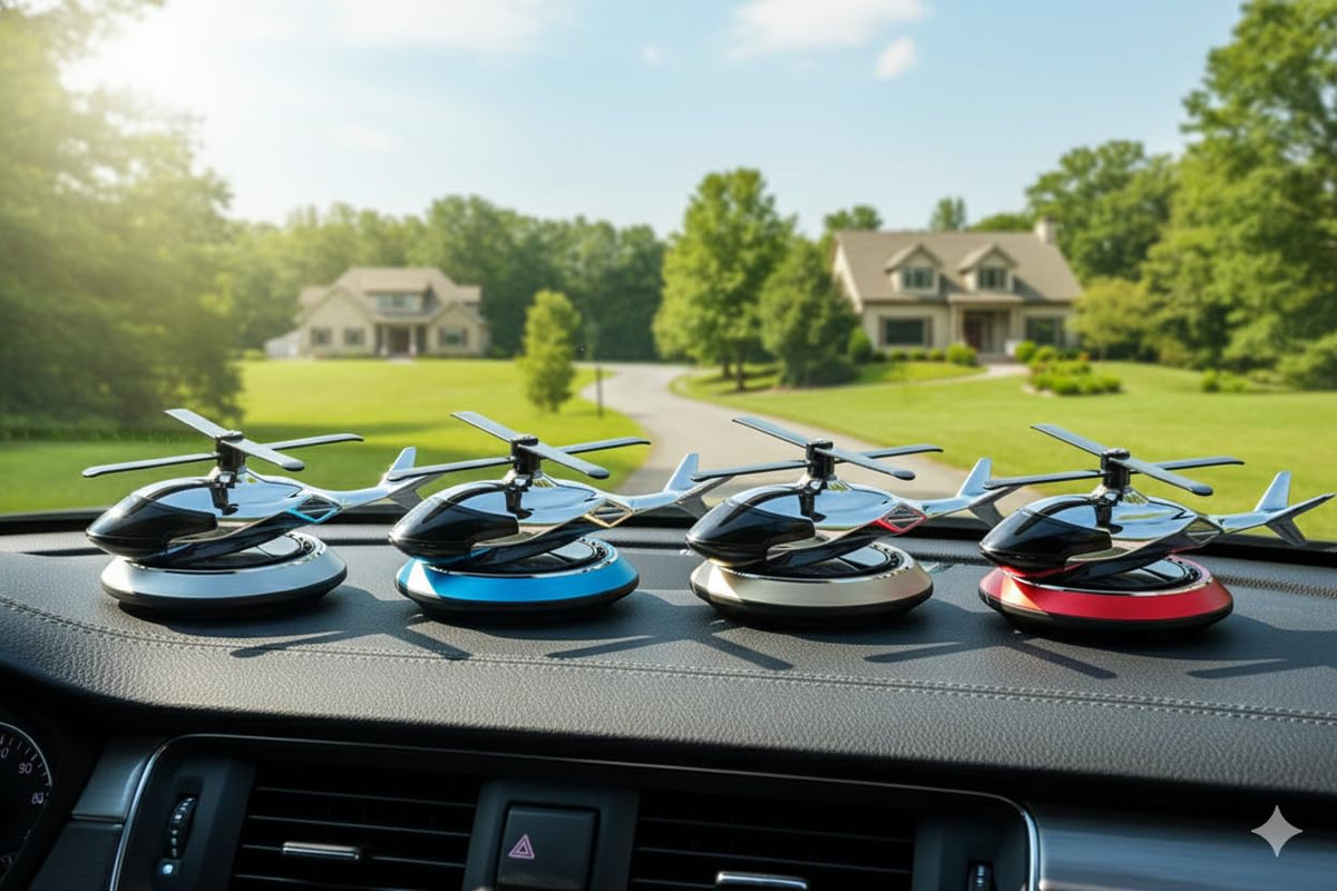 Solar Helicopter Car Dashboard Decoration Items Accessories | Interior Accessory | No Batteries Needed | Rotating Perfume Air Freshener & Automatic Diffuser Gadgets (Red)