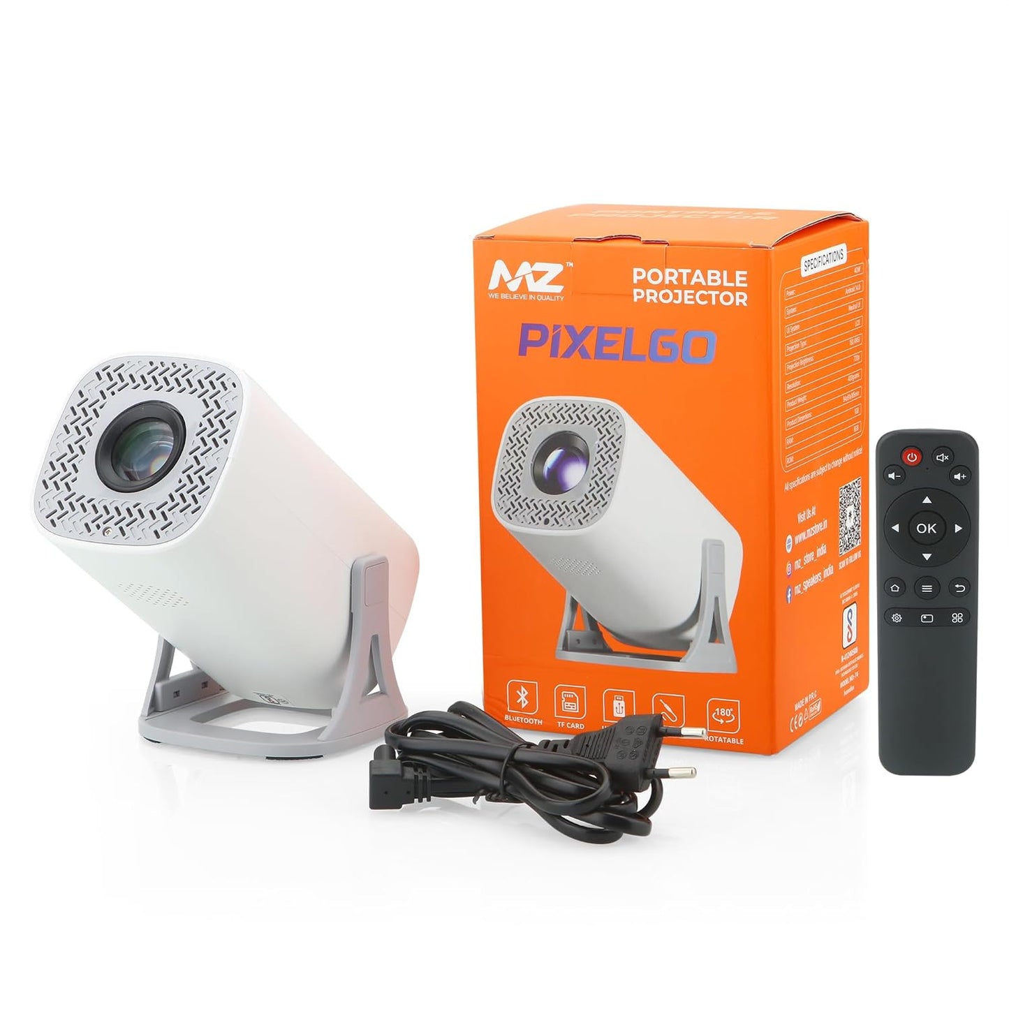 MZ TP1 (MINI Projector) with Bluetooth & Multiple Input Option, 180° Rotatable 1GB RAM & 8GB ROM LCD Portable Projector