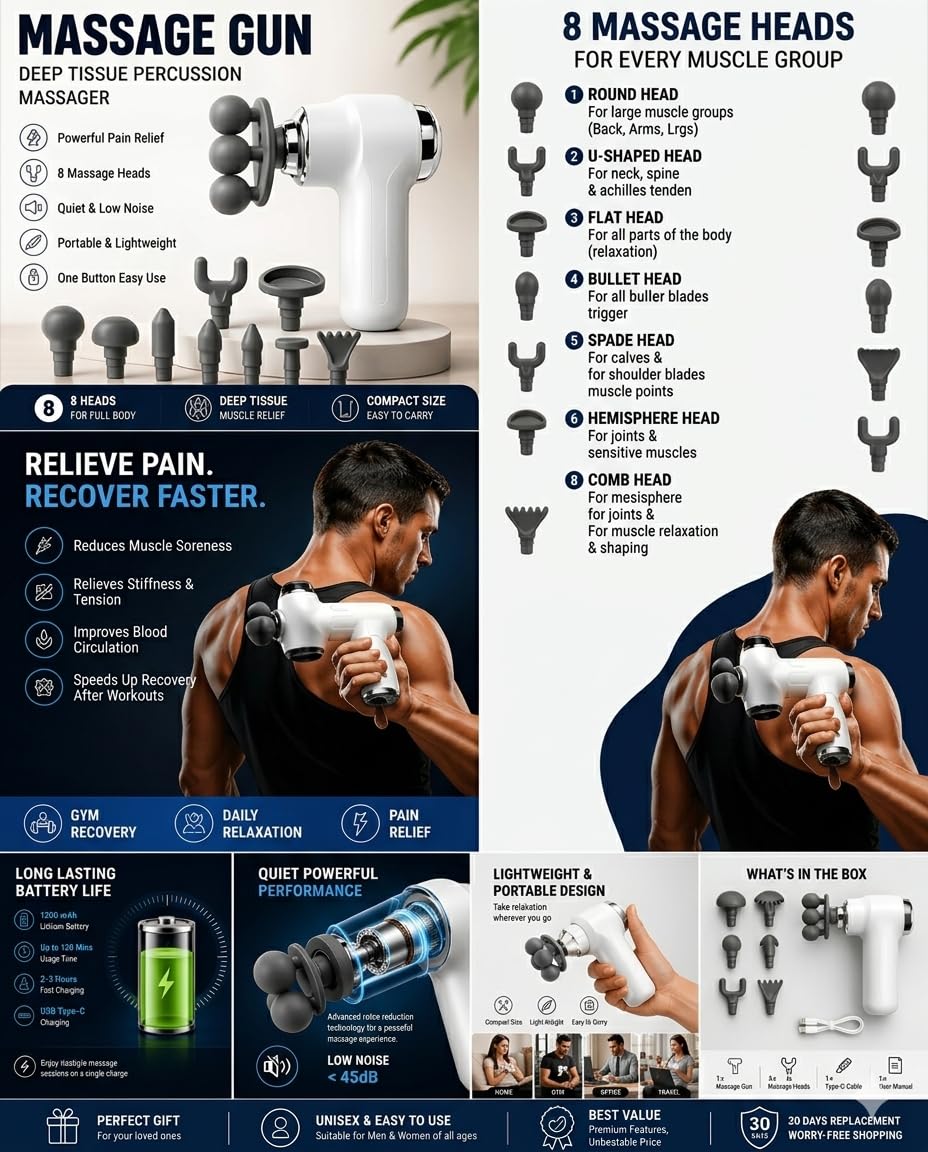 Massage Gun for Pain Relief & Muscle Recovery, Deep Tissue Percussion Massager with 6 Heads, Long Battery Life, Quiet Portable Handheld Body Massager for Gym & Home Use