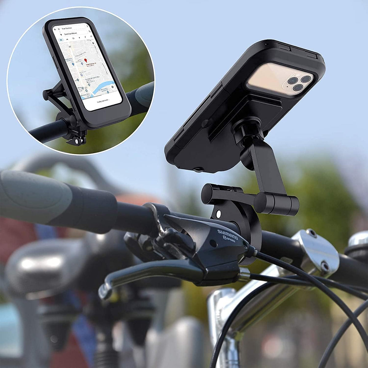 Bike/Scooty Mobile Stand, Waterproof Cell Phone Mount Holder, Universal Bikes Handlebar Sensitive Touch Screen, Fit 4-7.2 Inches All Smartphones Adjustable 360° Rotation